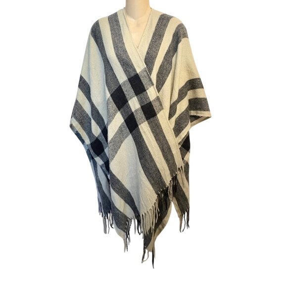 Banana Republic Plaid Fringe Open Front Poncho Wrap Black/Cream/Beige One Size - Picture 6 of 9